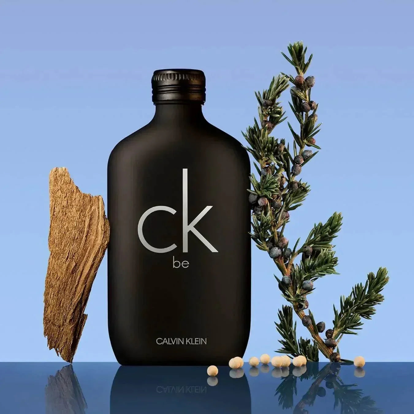 Calvin Klein CK Be Eau de Toilette fragrance bottle with juniper and wood accents