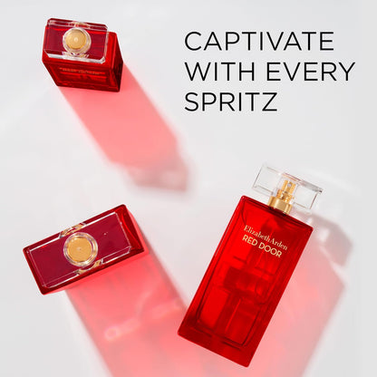 Red Elizabeth Arden perfume bottle with packaging on a white background, featuring text 'CAPTIVATE WITH EVERY SPRITZ'.