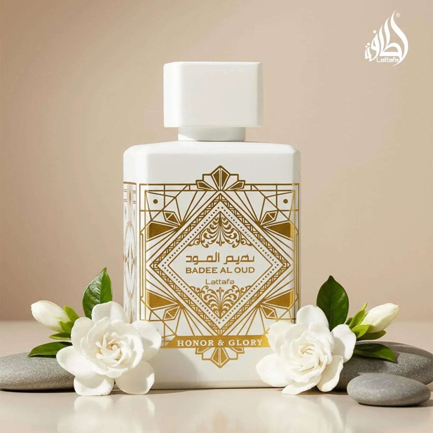 Lattafa Badee Al Oud fragrance bottle with white flowers and stones