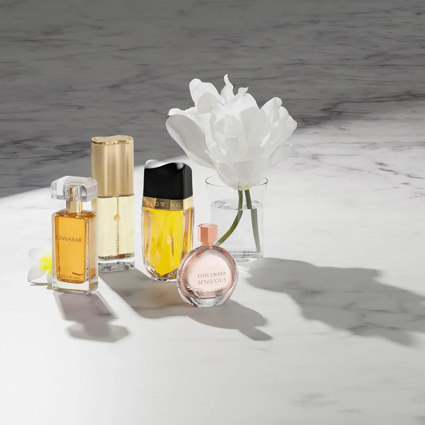 Collection of perfume bottles on a marble surface with a white flower.