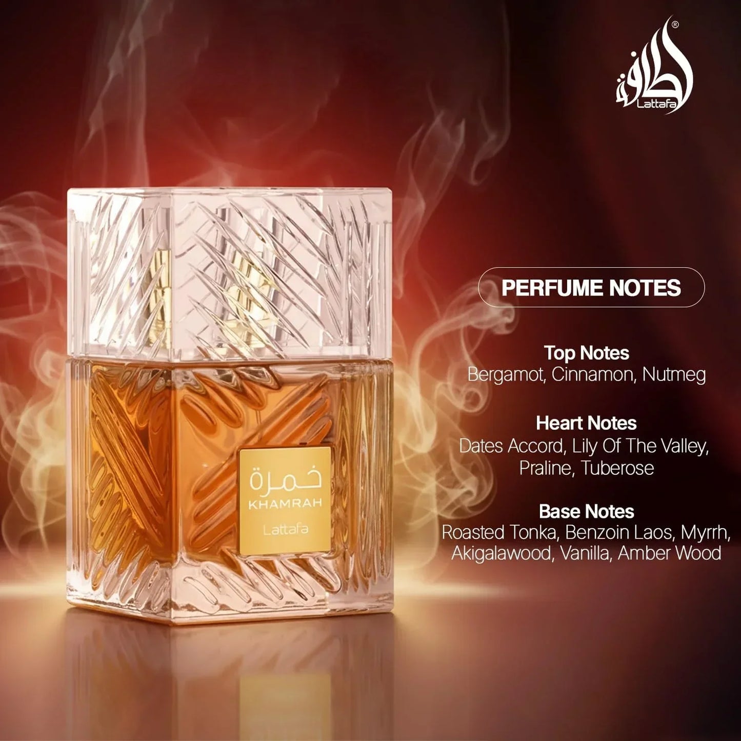 Lattafa Khamrah perfume bottle with notes listed, amber liquid in faceted glass