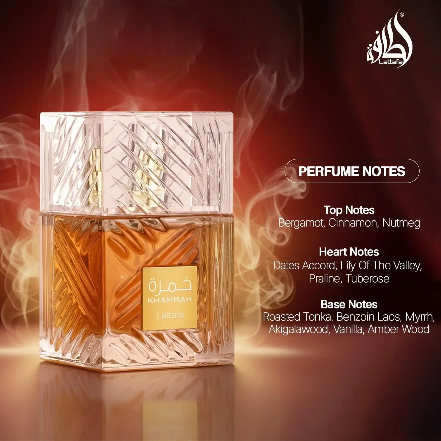 Lattafa Khamrah perfume bottle with notes listed, amber liquid in faceted glass