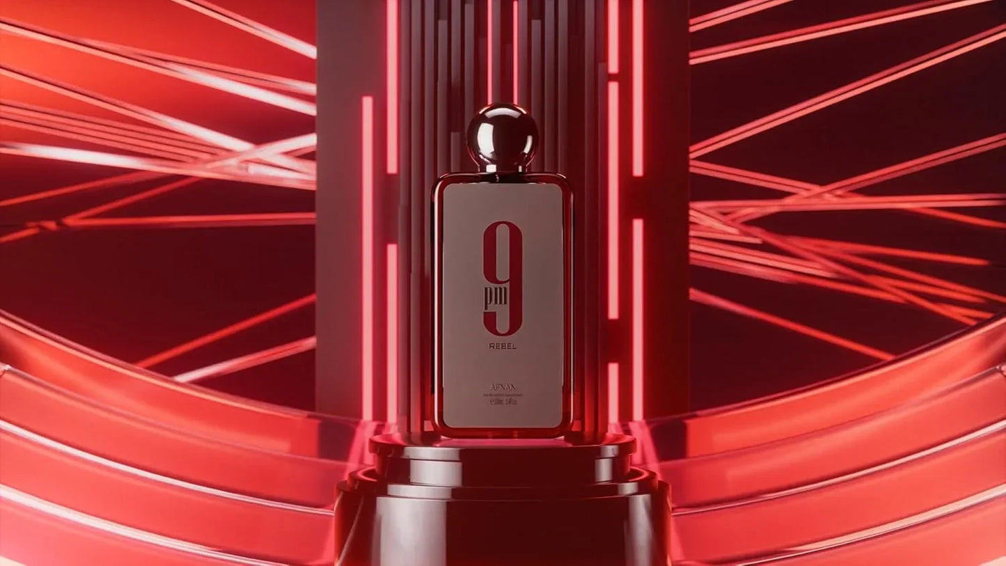 Afnan 9 PM Rebel Eau de Parfum 100ml fragrance bottle on red neon display
