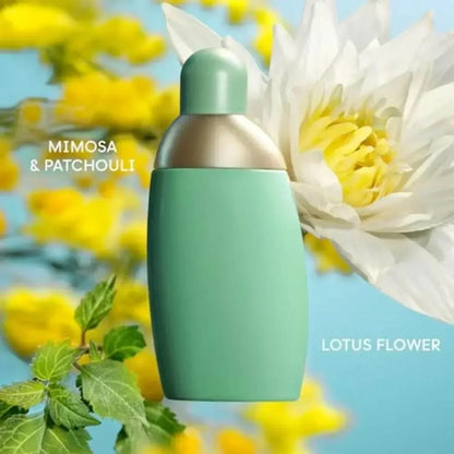 Mimosa & Patchouli Lotus Flower fragrance bottle with floral background