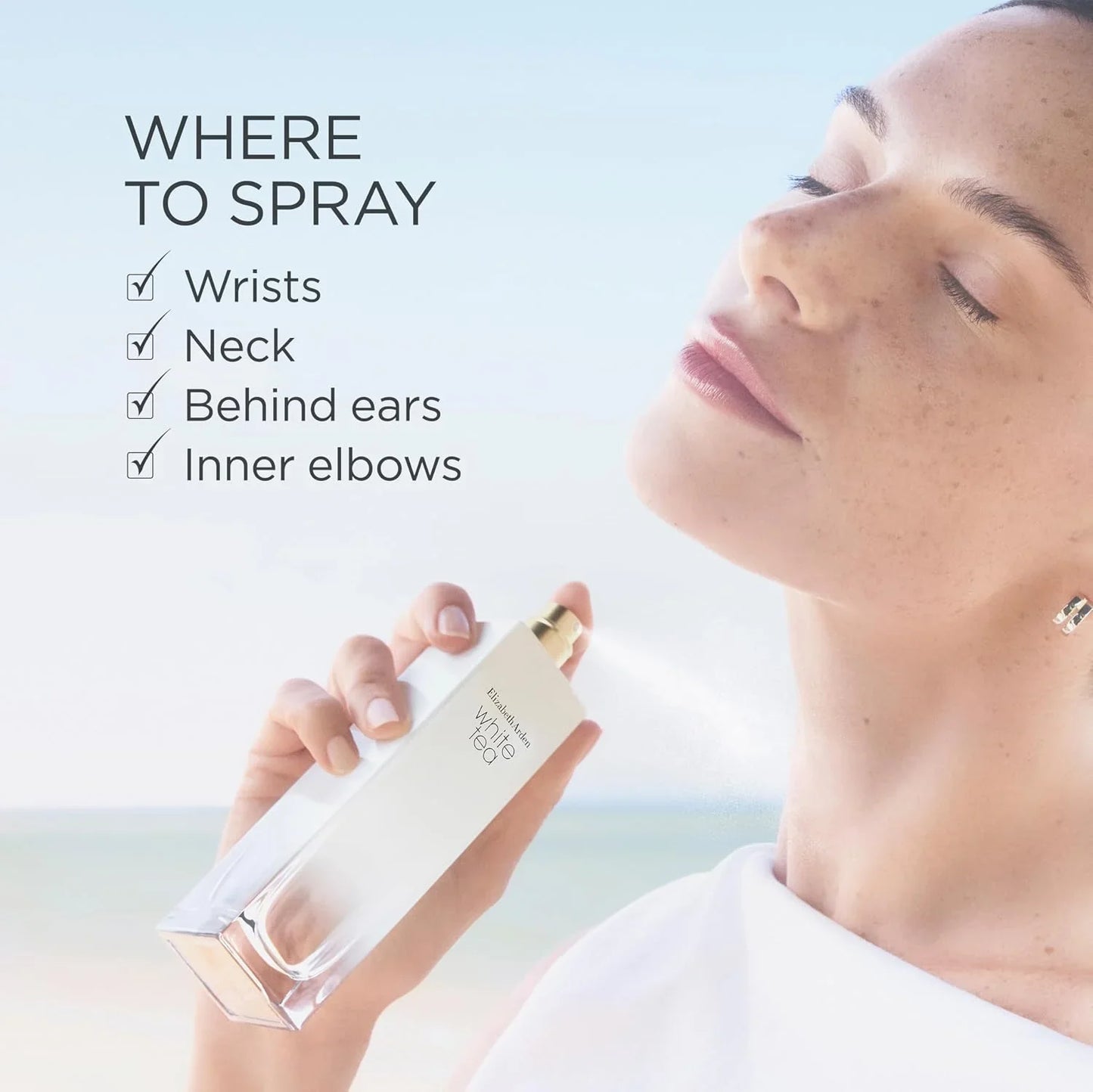A woman at a beach holds a clear rectangular perfume bottle and sprays it. Text on the left reads 'WHERE TO SPRAY' with checkmarks for wrists, neck, behind ears, and inner elbows.