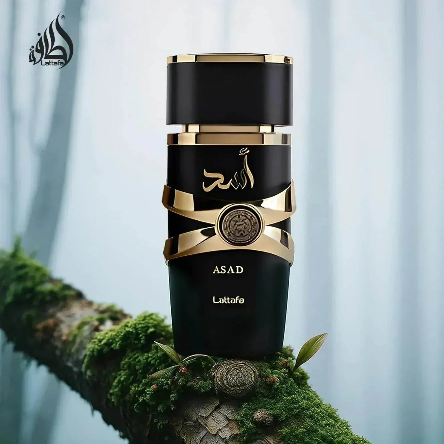 Lattafa Asad fragrance bottle with gold accents on mossy branch