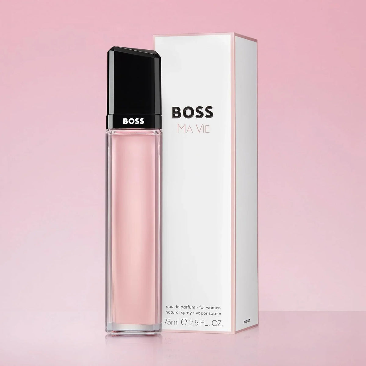BOSS Ma Vie perfume bottle and packaging on a pink background