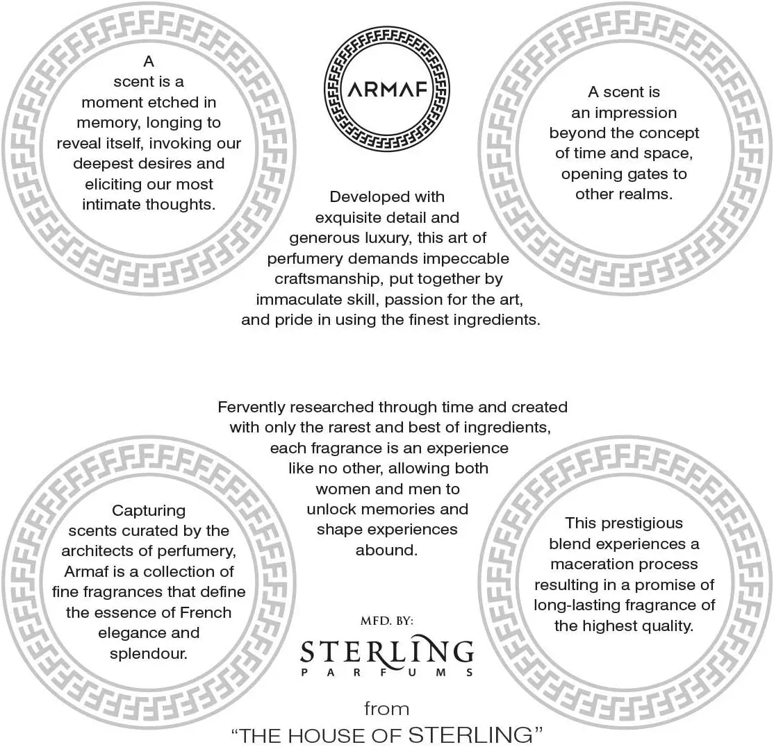 Promotional text for Armaf Sterling Parfums with brand logo and descriptive text.