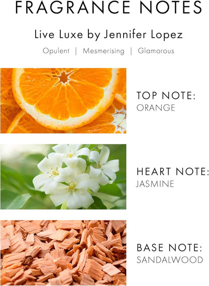 Fragrance notes graphic for Live Luxe by Jennifer Lopez, showing orange slice imagery for the top note, white jasmine flowers for the heart note, and sandalwood chips for the base note on a white background.