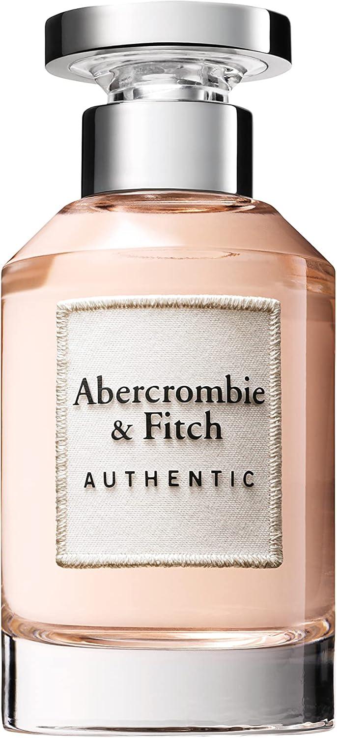 Abercrombie & Fitch Authentic perfume bottle with pale pink liquid, a silver metallic cap, and a cream-colored textured label.