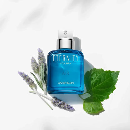 Calvin Klein Eternity for Men Air fragrance bottle with lavender and mint leaves
