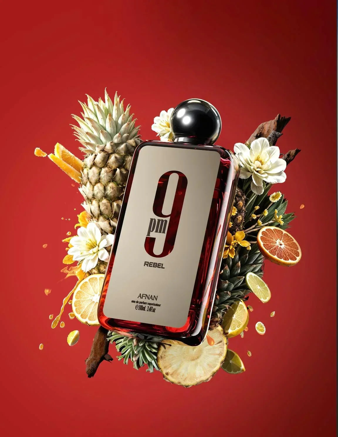 Afnan 9 PM Rebel eau de parfum 100ml fragrance bottle with tropical fruits and flowers