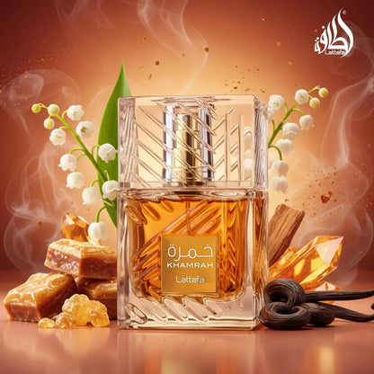 Lattafa Khamrah fragrance bottle with vanilla pods, caramel, and white flowers