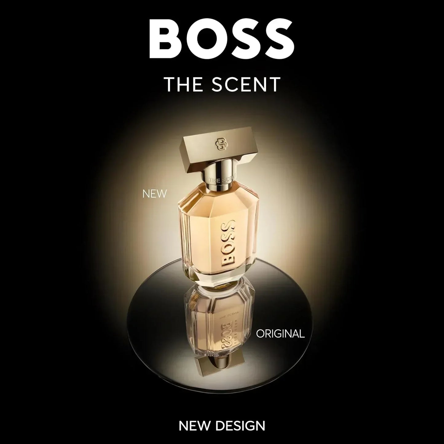 BOSS The Scent Eau de Parfum bottle with new design, gold cap, black background