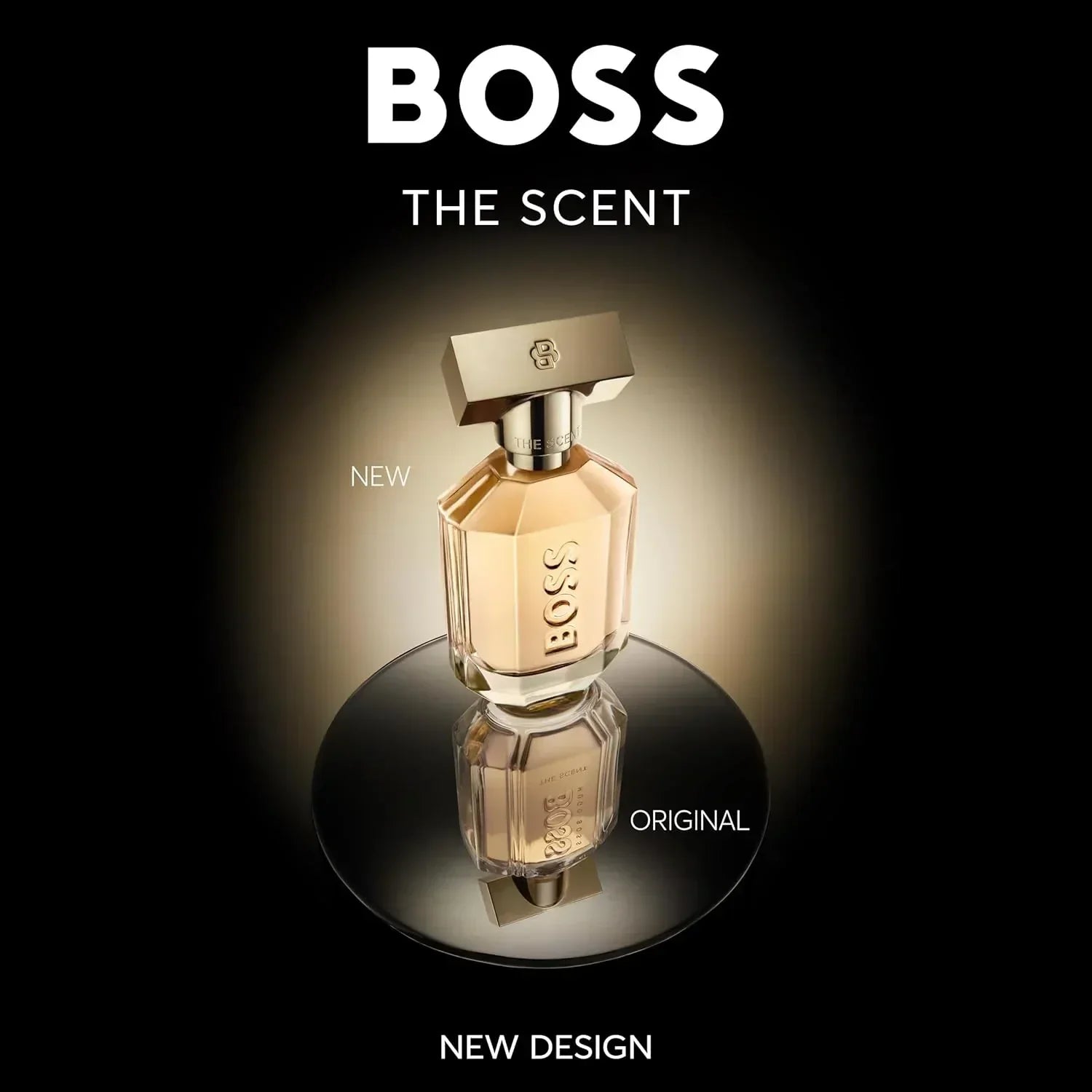 BOSS The Scent Eau de Parfum bottle with new design, gold cap, black background