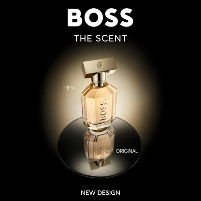 BOSS The Scent Eau de Parfum bottle with new design, gold cap, black background