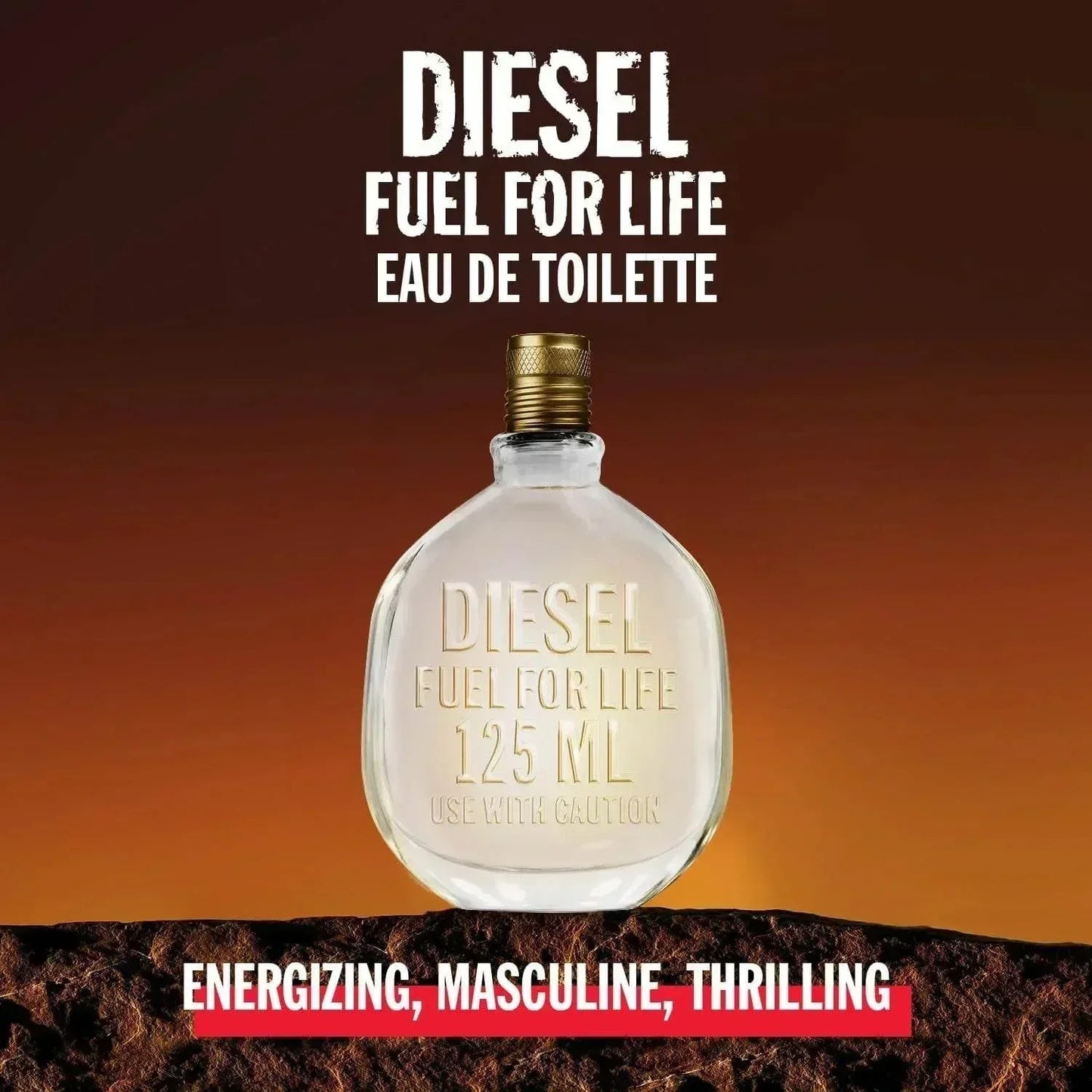 Diesel Fuel for Life Eau de Toilette 125ml fragrance bottle with gold cap on textured surface
