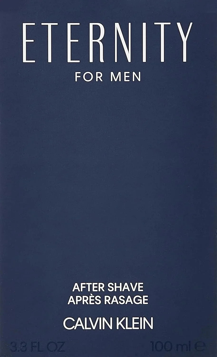 Calvin Klein Eternity For Men after shave fragrance packaging in dark blue with white text.