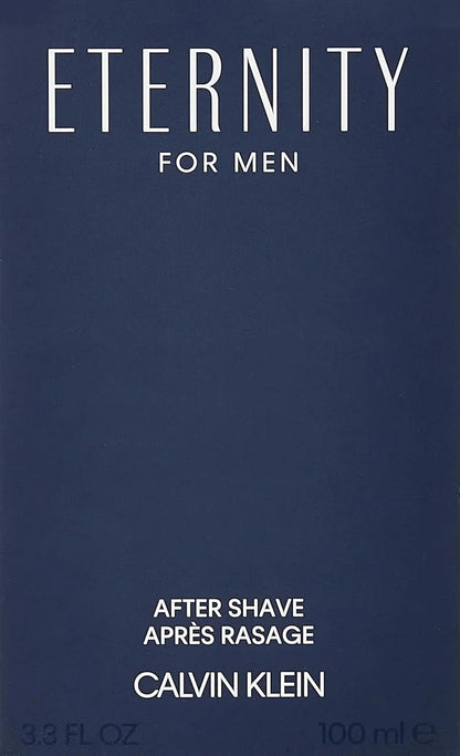 Calvin Klein Eternity For Men after shave fragrance packaging in dark blue with white text.