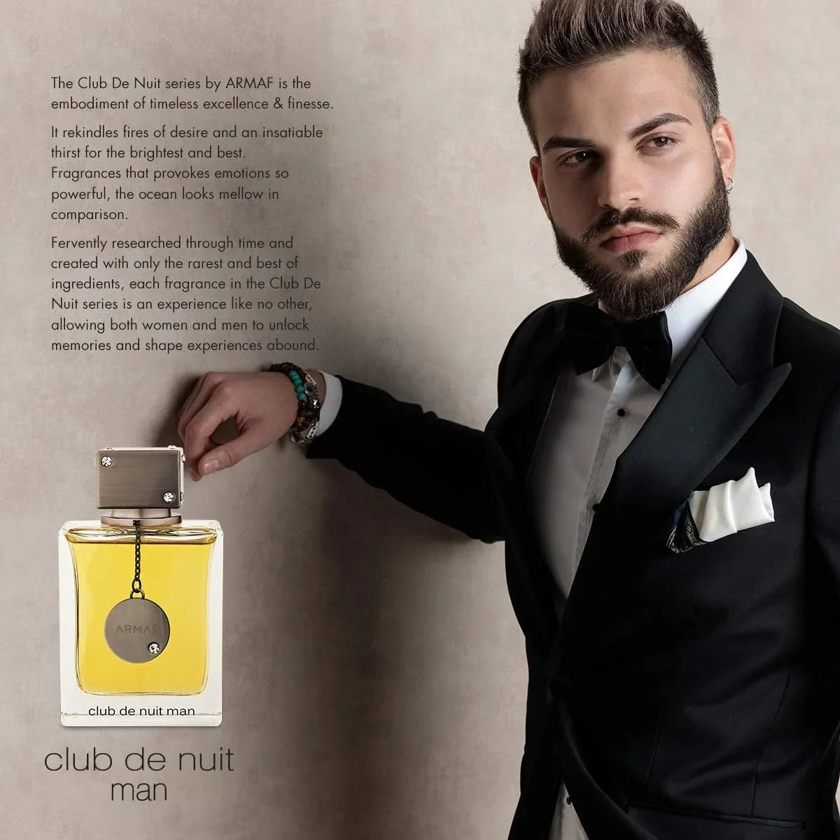 Man in a tuxedo holding a yellow perfume bottle with text about the Club De Nuit series by Armaf.