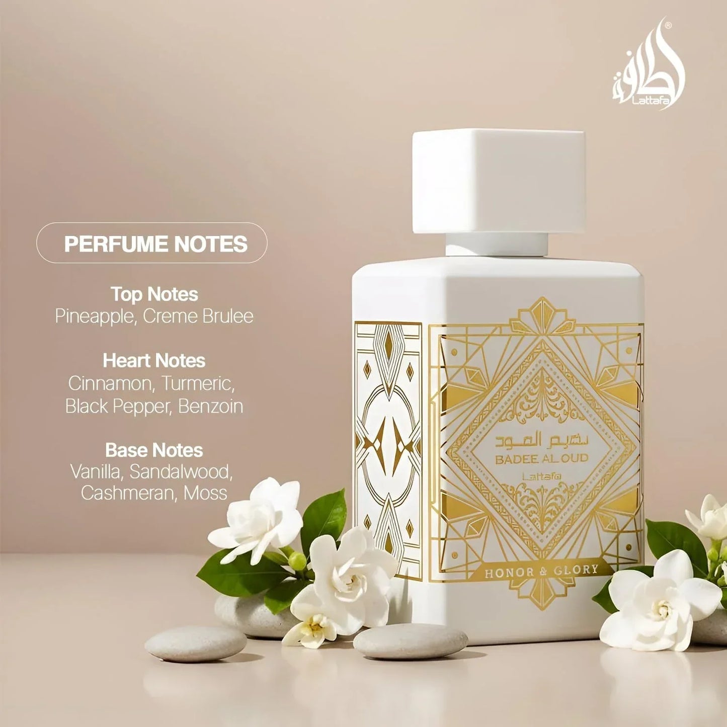 Lattafa Badee Al Oud Honor & Glory fragrance bottle with white flowers and stones