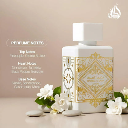 Lattafa Badee Al Oud Honor & Glory fragrance bottle with white flowers and stones