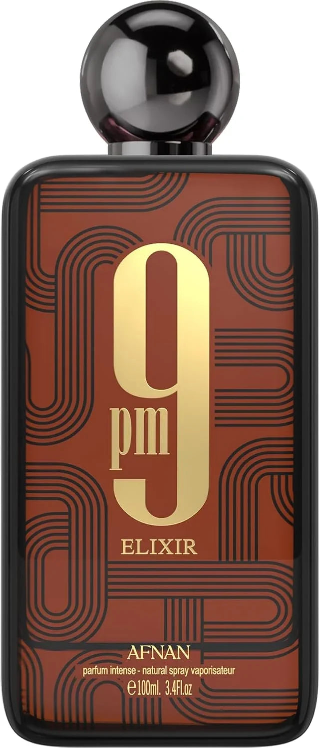 A 100ml bottle of AFNAN 9 PM ELIXIR perfume, featuring a black frame and cap with a brown and gold patterned label.