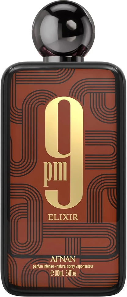 A 100ml bottle of AFNAN 9 PM ELIXIR perfume, featuring a black frame and cap with a brown and gold patterned label.