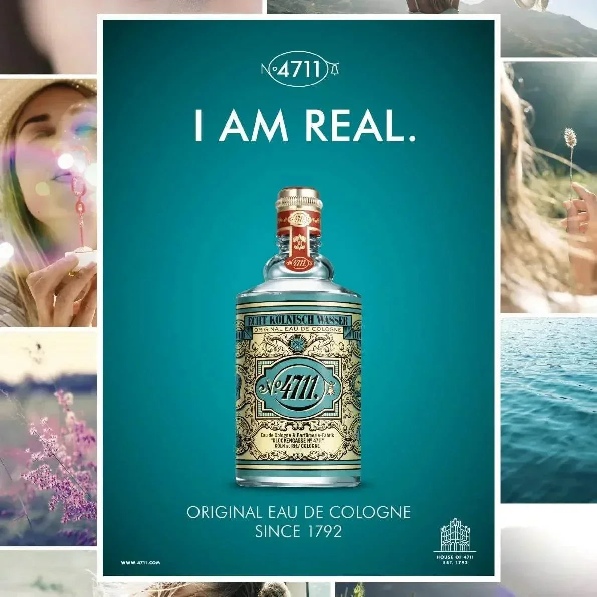 No 4711 Original Eau de Cologne fragrance bottle with teal background