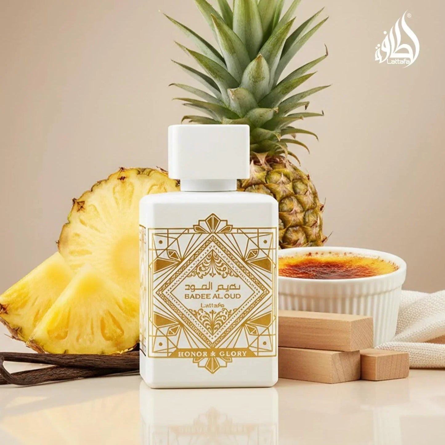 Lattafa Badee Al Oud Honor Glory fragrance bottle with pineapple and vanilla accents