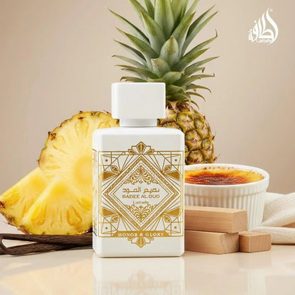 Lattafa Badee Al Oud Honor Glory fragrance bottle with pineapple and vanilla accents