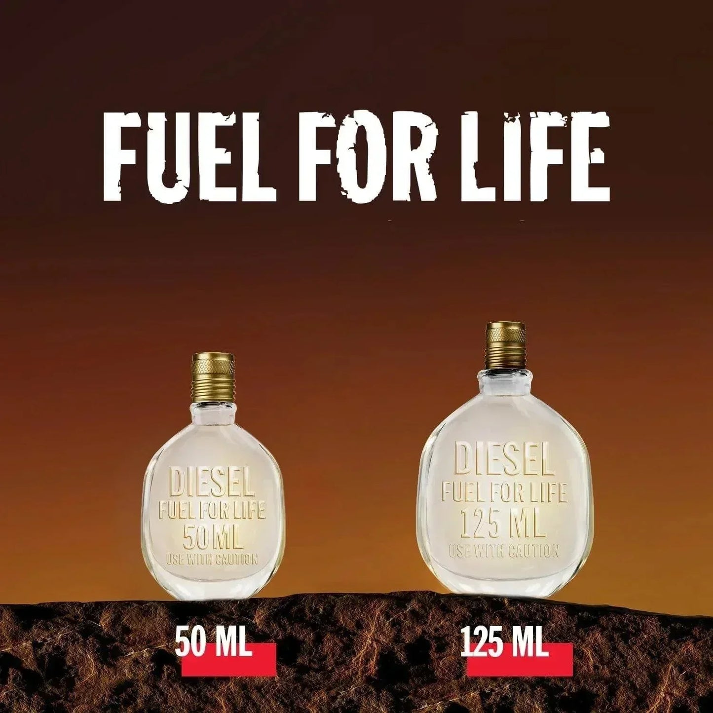 Diesel Fuel for Life 50ml and 125ml fragrance bottles on textured surface