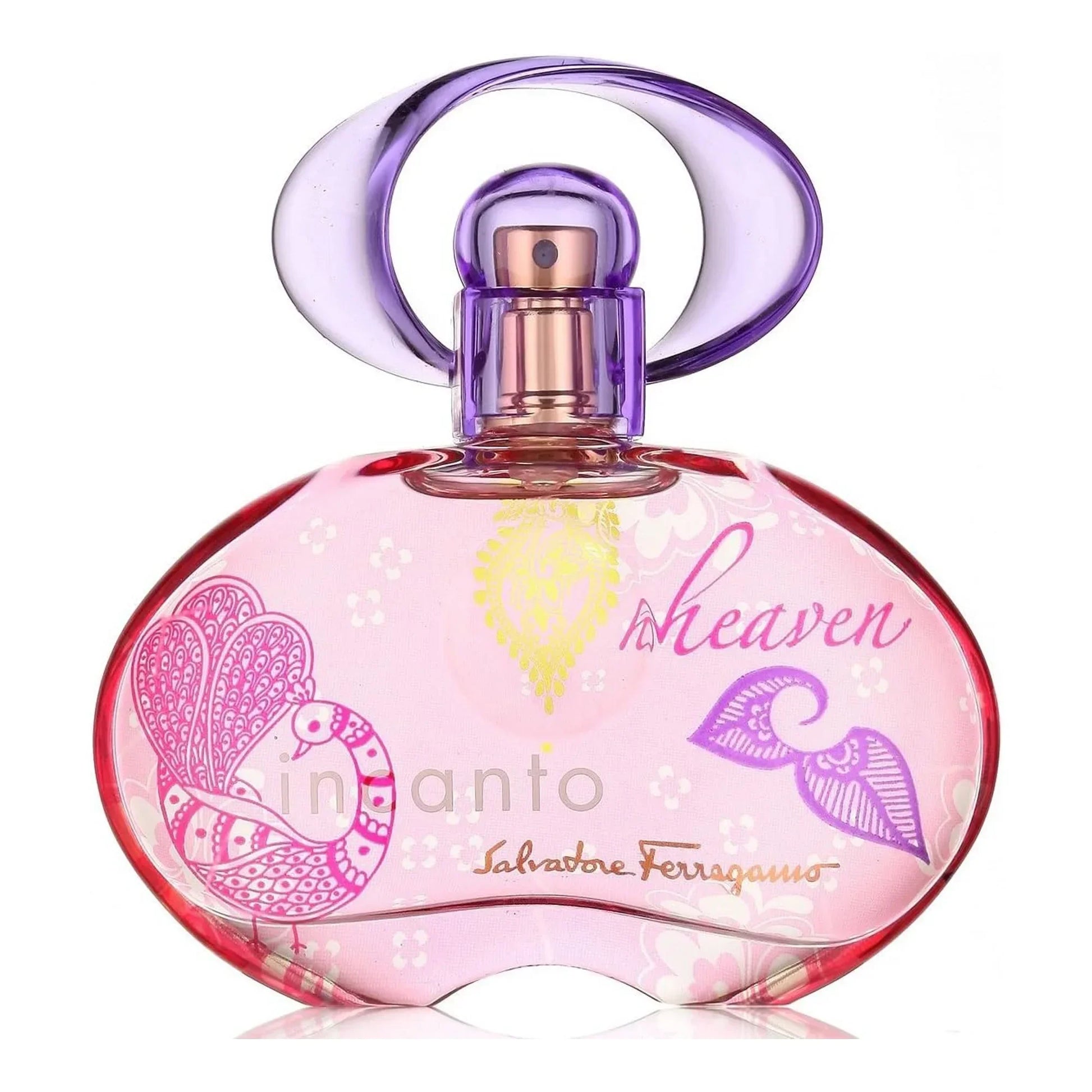 Pink and purple Incanto Heaven perfume bottle with floral design and decorative cap