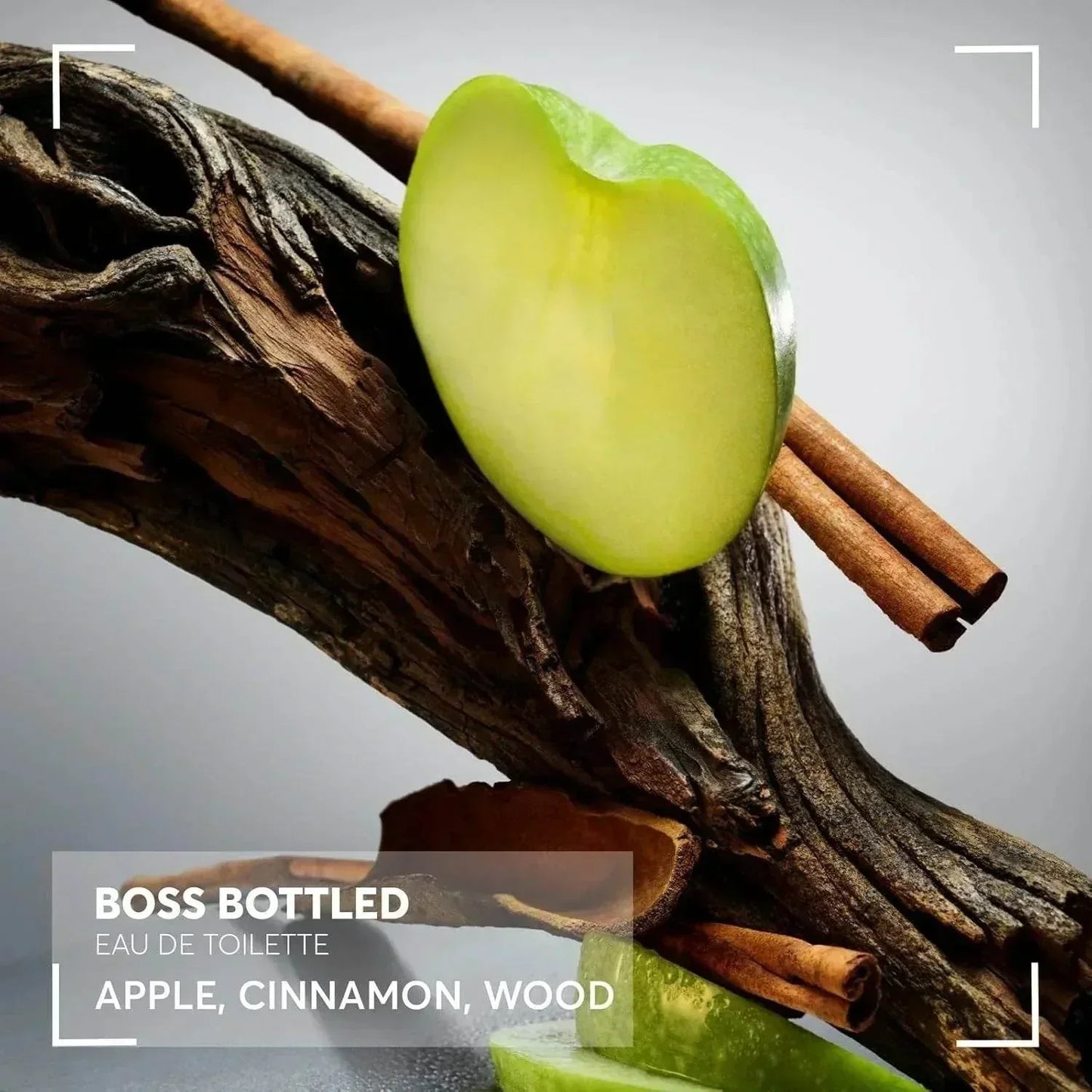 BOSS Bottled Eau de Toilette apple cinnamon wood notes on rustic wood