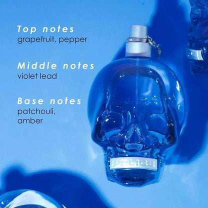 Police To Be Blue Eau de Toilette 100ml skull-shaped fragrance bottle with notes listed