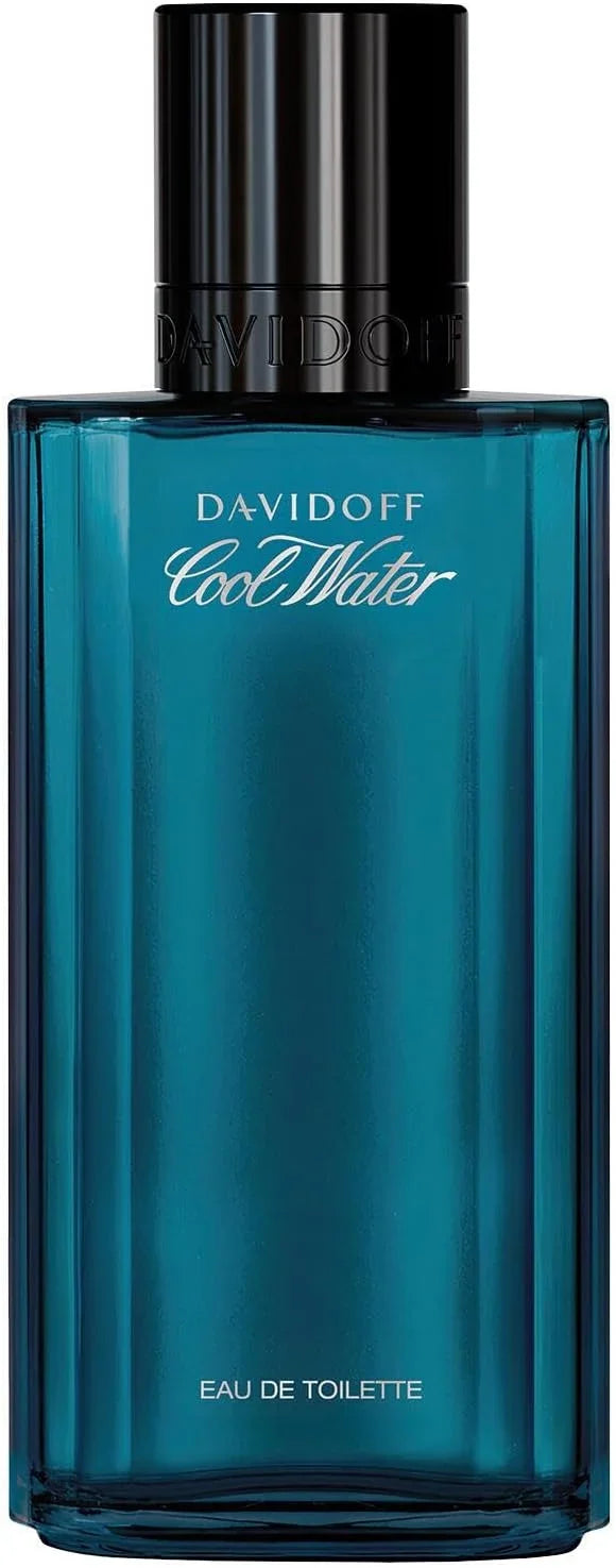 Davidoff Cool Water Eau de Toilette bottle in a translucent teal blue glass with a black cap, shown against a plain white background. 75ml