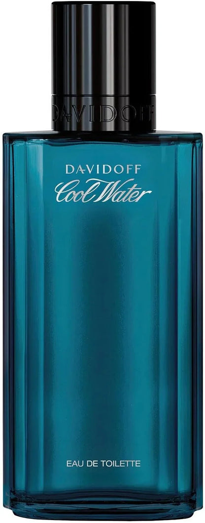 Davidoff Cool Water Eau de Toilette bottle in a translucent teal blue glass with a black cap, shown against a plain white background. 75ml