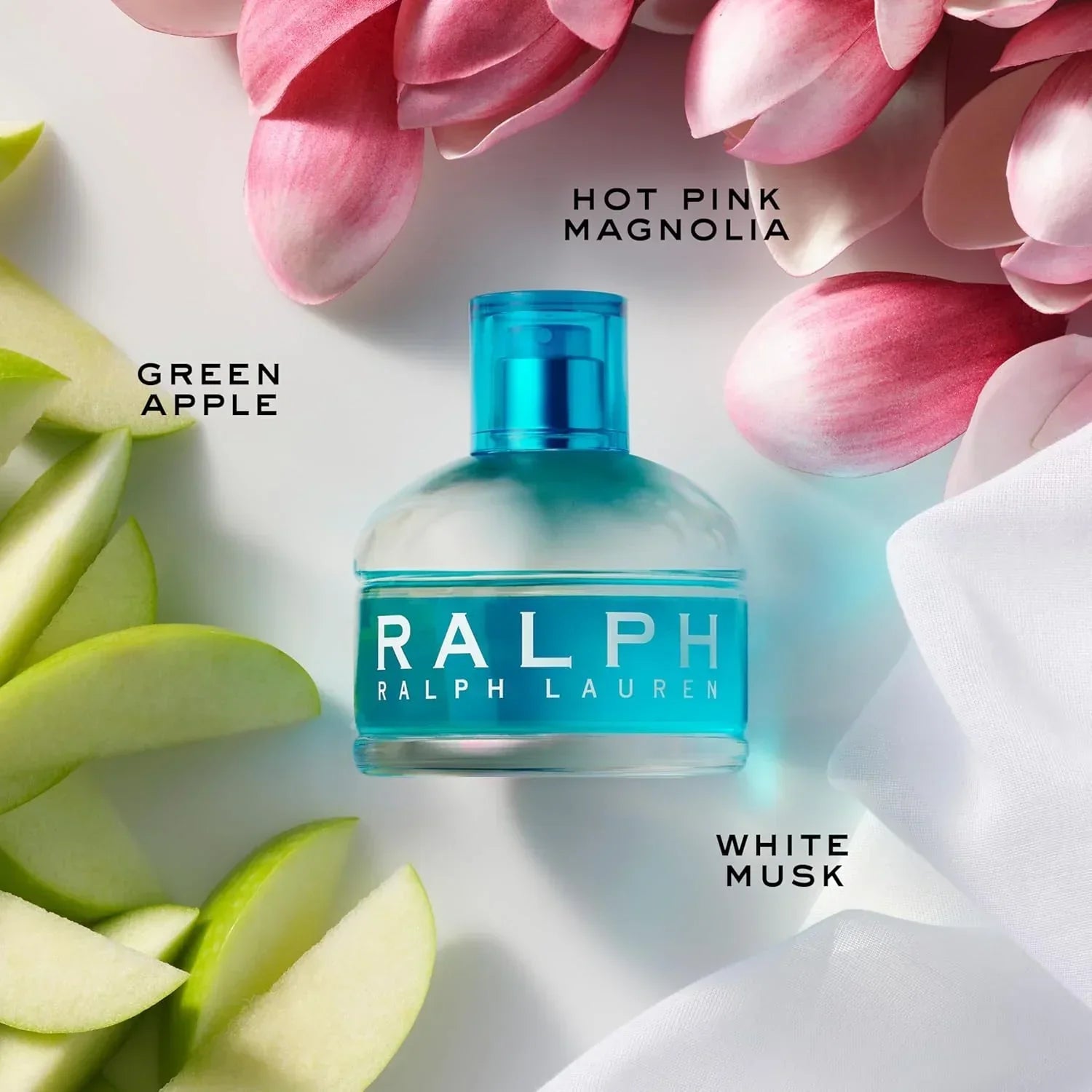 Ralph Lauren Ralph fragrance bottle with green apple and pink magnolia accents