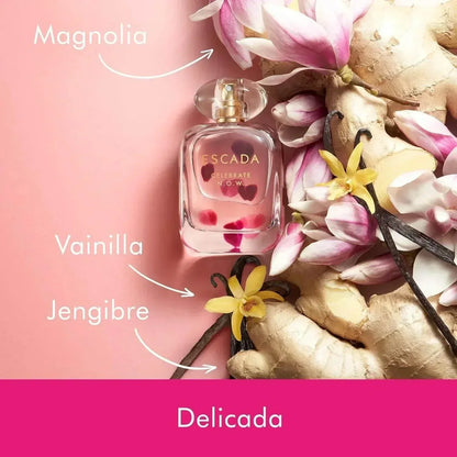 Escada Celebrate N.O.W. Delicada Eau de Parfum bottle with magnolia, vanilla, ginger notes