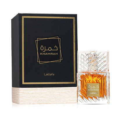Lattafa Khamrah fragrance bottle with retail box, 100ml EDP, amber liquid in cut glass bottle