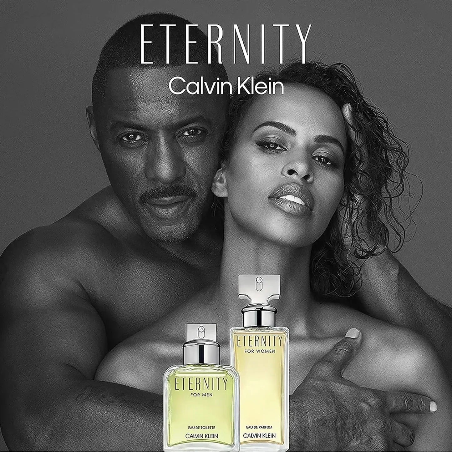 Calvin Klein Eternity for Men Eau de Toilette and for Women Eau de Parfum bottles with couple