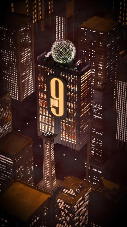 A stylized nighttime cityscape with tall illuminated skyscrapers and a large glowing number 9 on a central building, surrounded by dark urban buildings with many lit windows.