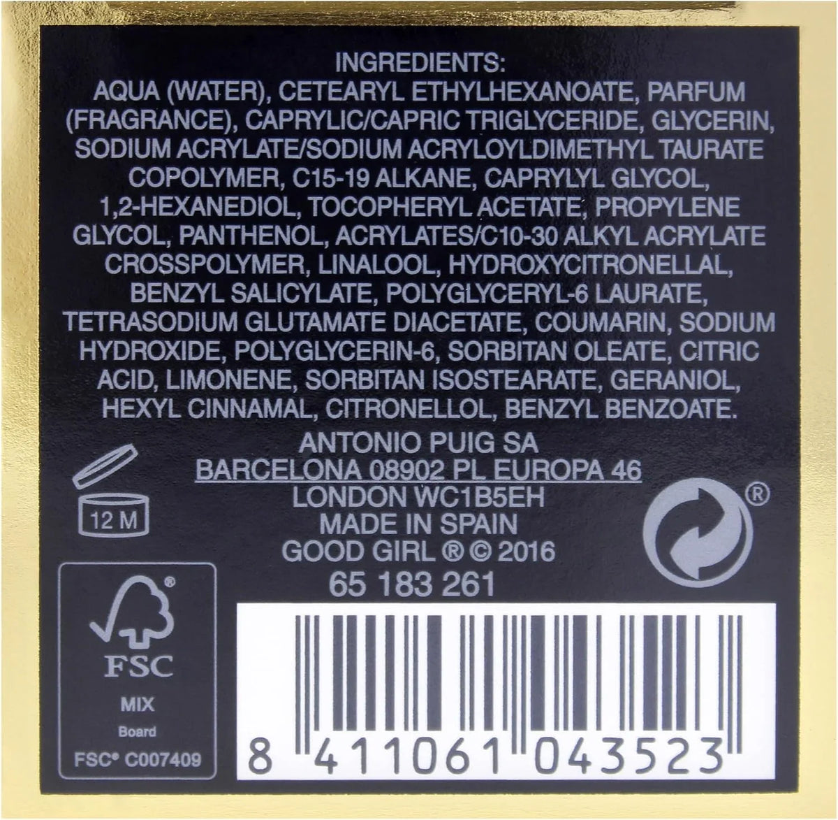 Back label of a perfume bottle showing ingredients, production details, FSC certification, and a barcode on a black background.