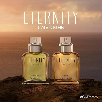 Calvin Klein Eternity for Men Eau de Toilette and Parfum fragrance bottles on rocky surface