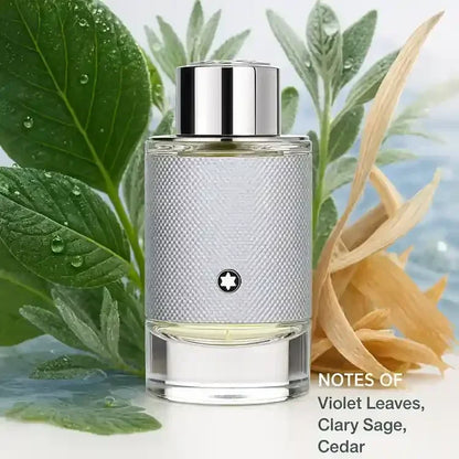 Montblanc Explorer Ultra Blue Eau de Parfum 100ml fragrance bottle with green leaves and cedar accents