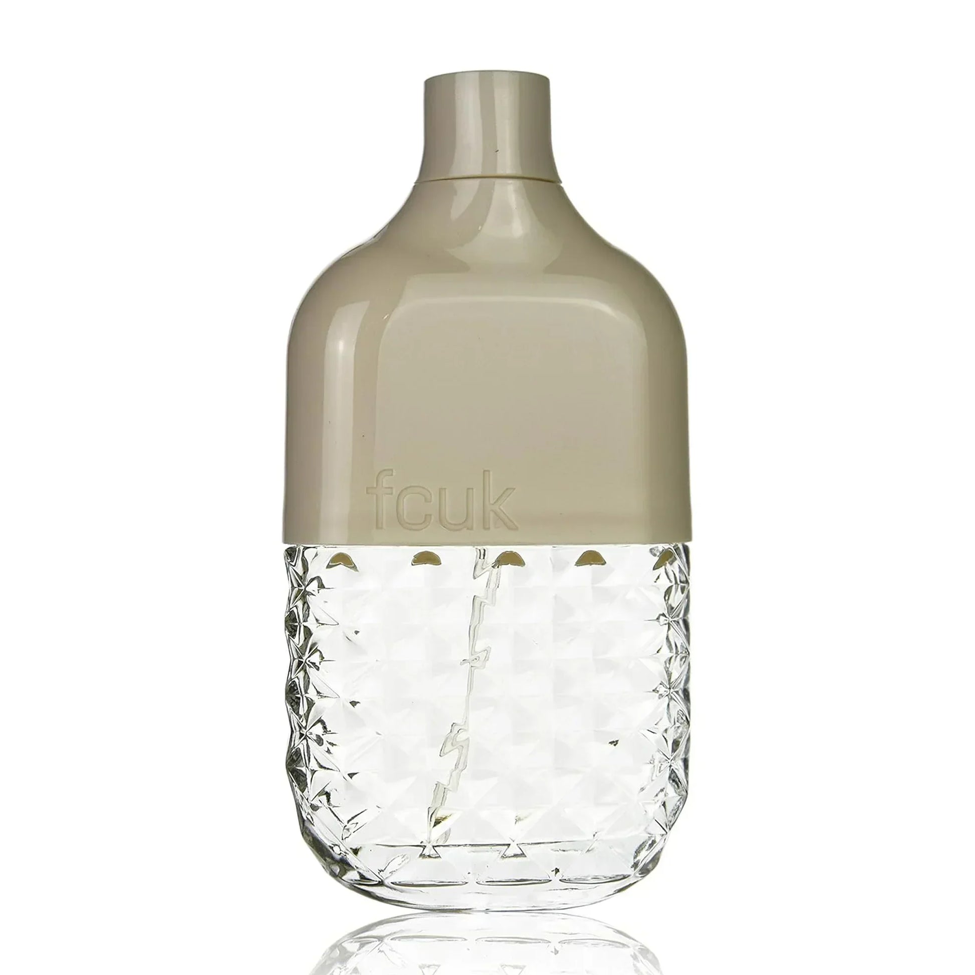 fcuk fragrance bottle with textured glass base and beige cap