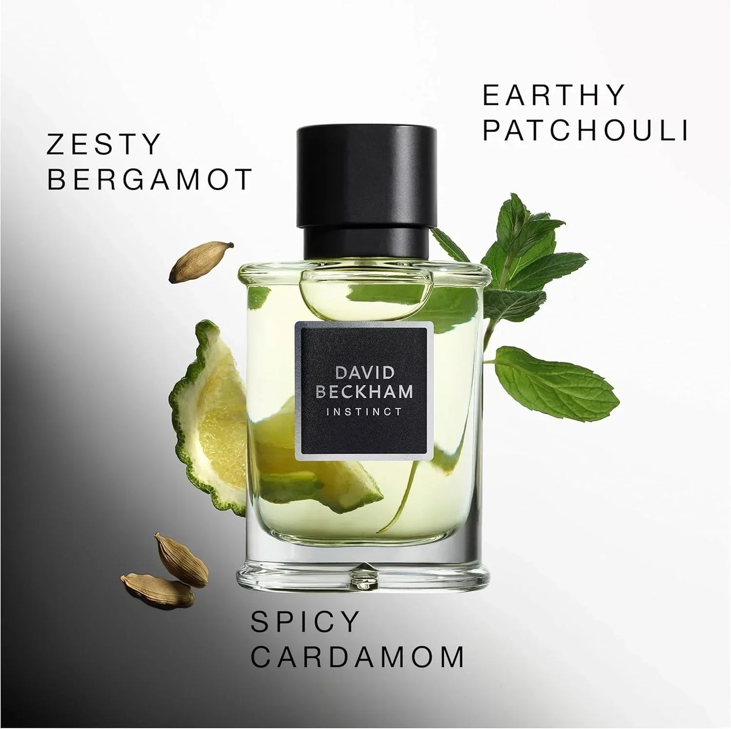 David Beckham Instinct fragrance bottle with zesty bergamot and spicy cardamom notes