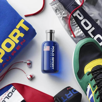 Ralph Lauren Polo Sport Eau de Toilette 100ml fragrance bottle with sportswear accessories
