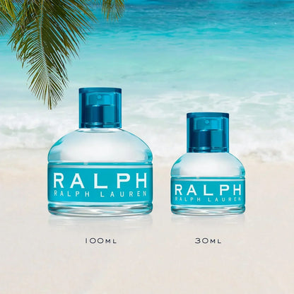 Ralph Lauren Ralph fragrance bottles 100ml and 30ml on beach backdrop
