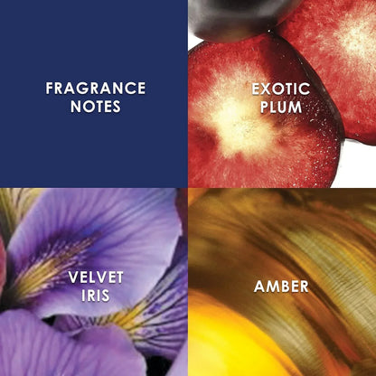 Fragrance notes: exotic plum, velvet iris, amber — visual scent profile